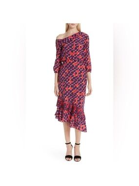 SALONI Red & Navy Geometric Print Midi Dress with Ruffle Hem
